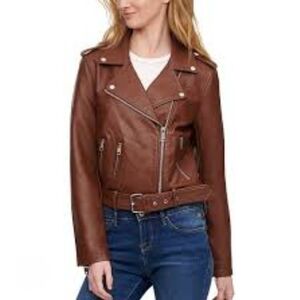 Forever 21 Classic Brown Faux Leather Cropped Moto Jacket M